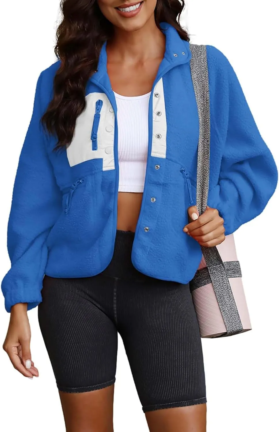ReachMe Womens Sherpa Jacket Casual Lapel Button Down Cropped Fuzzy Fleece Jackets Long Sleeve Winter Coats with Pockets