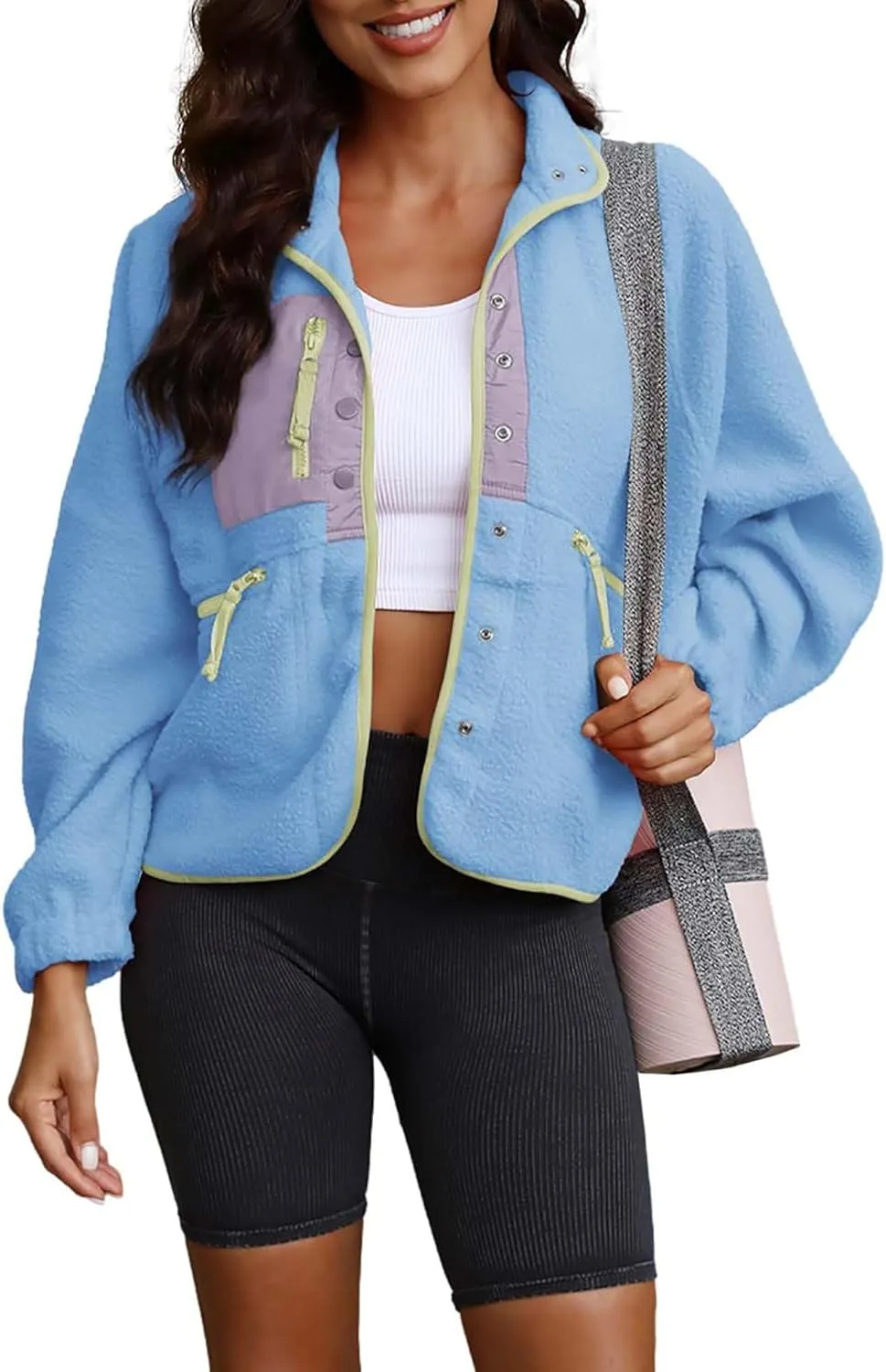 ReachMe Womens Sherpa Jacket Casual Lapel Button Down Cropped Fuzzy Fleece Jackets Long Sleeve Winter Coats with Pockets