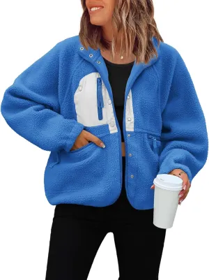 ReachMe Womens Sherpa Jacket Casual Lapel Button Down Cropped Fuzzy Fleece Jackets Long Sleeve Winter Coats with Pockets