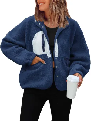 ReachMe Womens Sherpa Jacket Casual Lapel Button Down Cropped Fuzzy Fleece Jackets Long Sleeve Winter Coats with Pockets