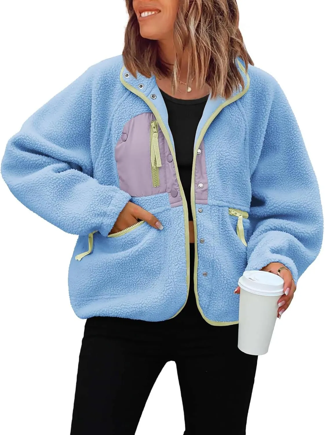 ReachMe Womens Sherpa Jacket Casual Lapel Button Down Cropped Fuzzy Fleece Jackets Long Sleeve Winter Coats with Pockets