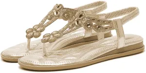 Rhinestone Sandals for Women Flat Women's T-Strap Beaded Flower Rhinestone Thong Flat Sandals Sparkling Boho Pearl Crystal Beach Shoes for Summers Dress Beach