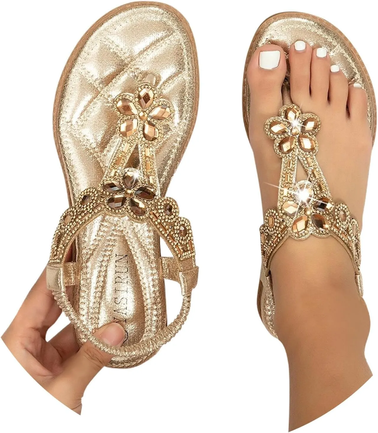 Rhinestone Sandals for Women Flat Women's T-Strap Beaded Flower Rhinestone Thong Flat Sandals Sparkling Boho Pearl Crystal Beach Shoes for Summers Dress Beach