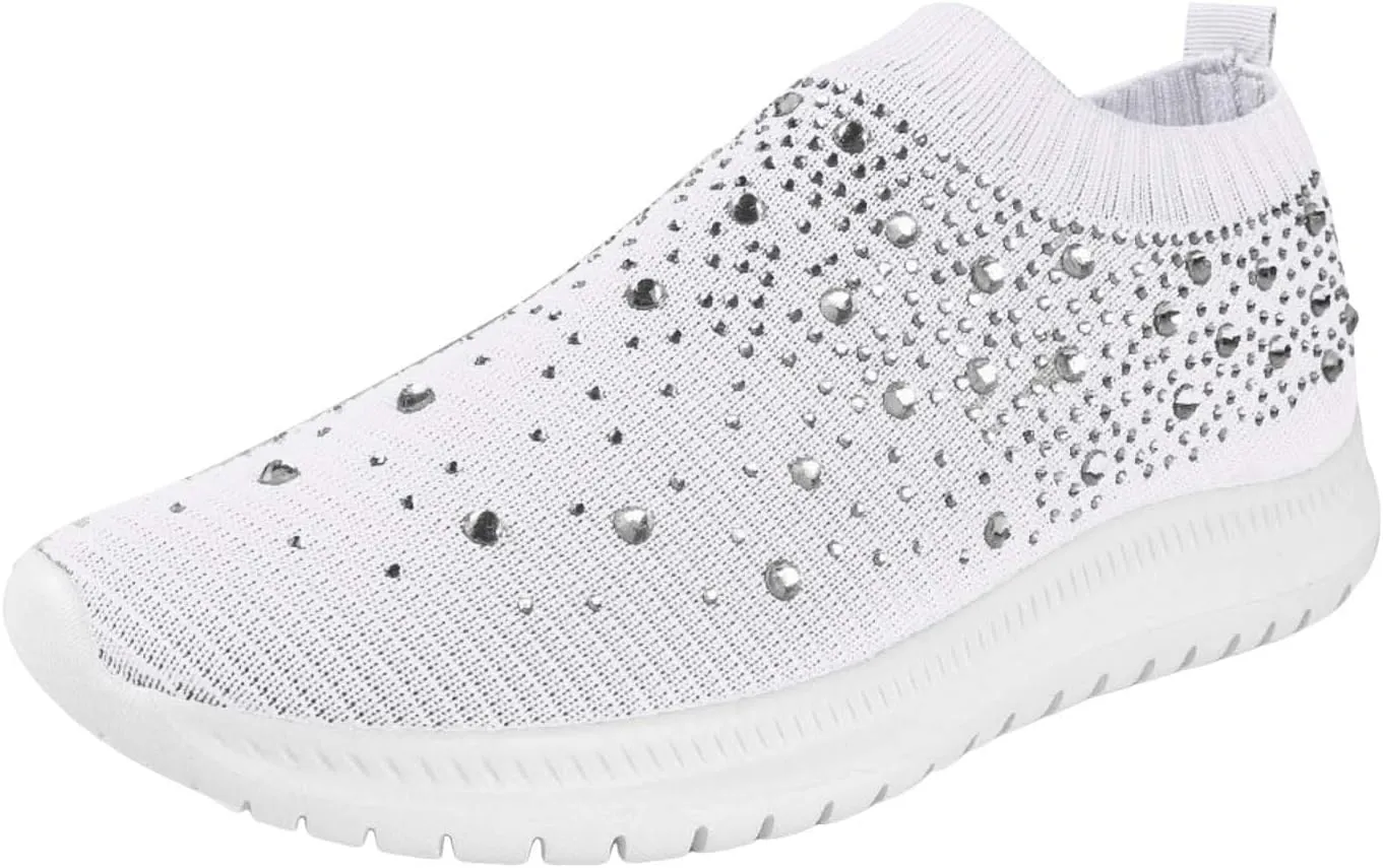 Rhinestones Casual Shoes or Women Slip On Sparkly Cushioned Footbed Soft Padded Insole Arch Support Jogging Tennis Sneakers Breathable Comfy Lightweight Walking Shoe for Gym Travel Daily Wear