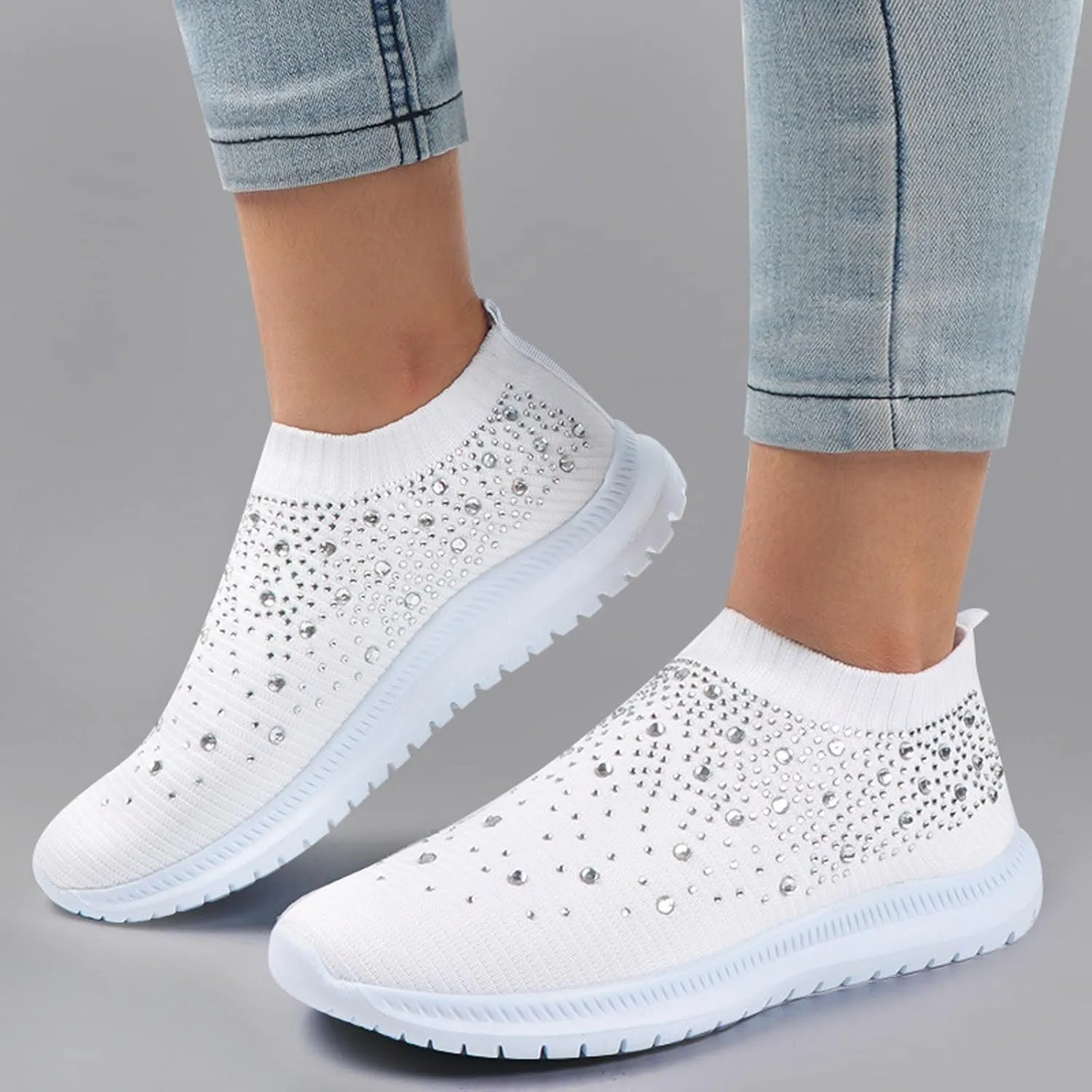 Rhinestones Casual Shoes or Women Slip On Sparkly Cushioned Footbed Soft Padded Insole Arch Support Jogging Tennis Sneakers Breathable Comfy Lightweight Walking Shoe for Gym Travel Daily Wear