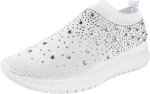 Rhinestones Casual Shoes or Women Slip On Sparkly Cushioned Footbed Soft Padded Insole Arch Support Jogging Tennis Sneakers Breathable Comfy Lightweight Walking Shoe for Gym Travel Daily Wear