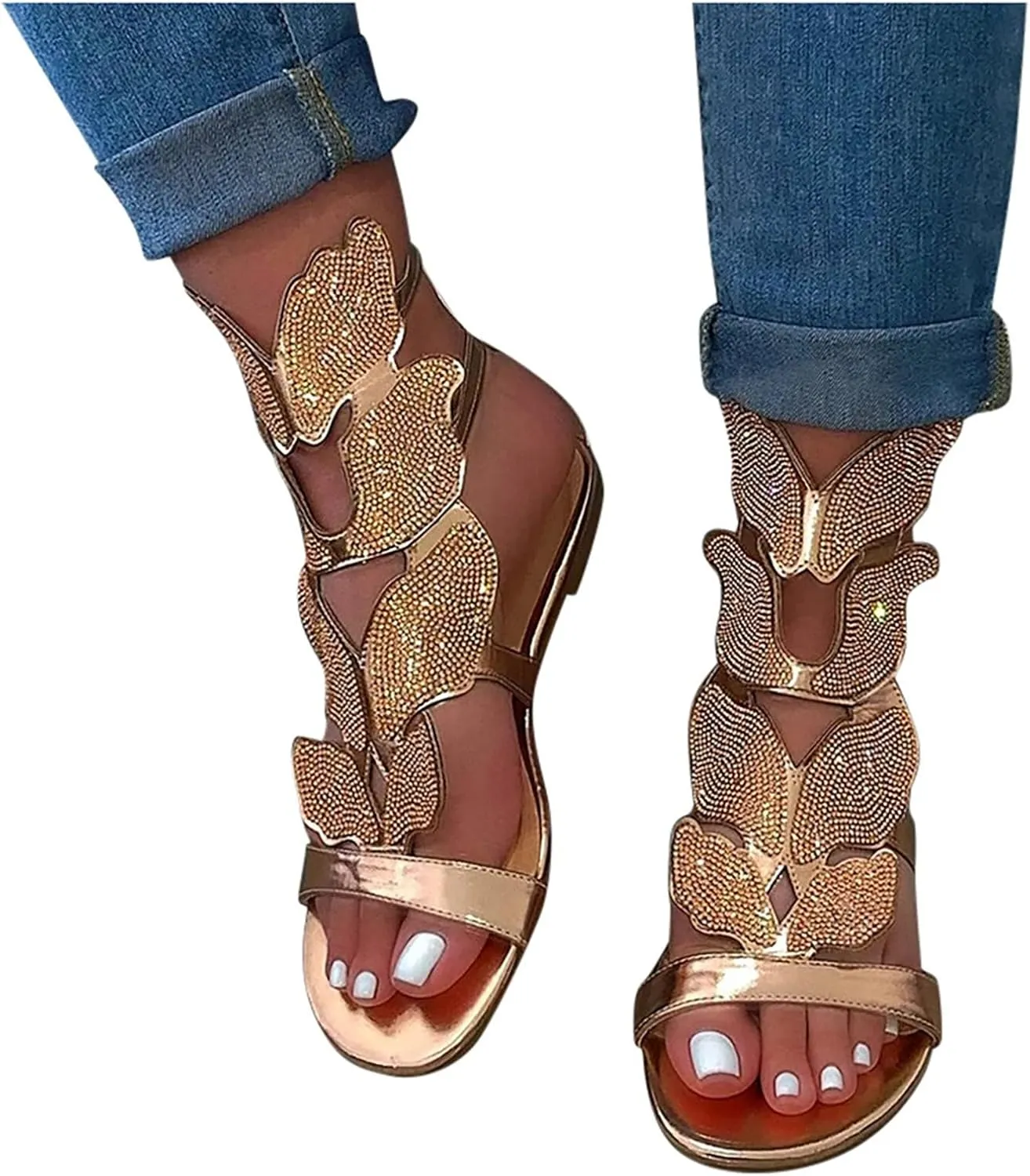 Rhinestones Sandals for Women Dressy 2025 Wedding Summer Flat Casual Summer Rhinestone Beaded Sparkly Bling Bohemian Lace Flower Sandal Comfortable Ankle Strap Beach Shoes 2025