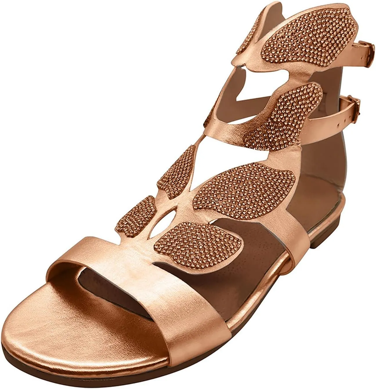 Rhinestones Sandals for Women Dressy 2025 Wedding Summer Flat Casual Summer Rhinestone Beaded Sparkly Bling Bohemian Lace Flower Sandal Comfortable Ankle Strap Beach Shoes 2025