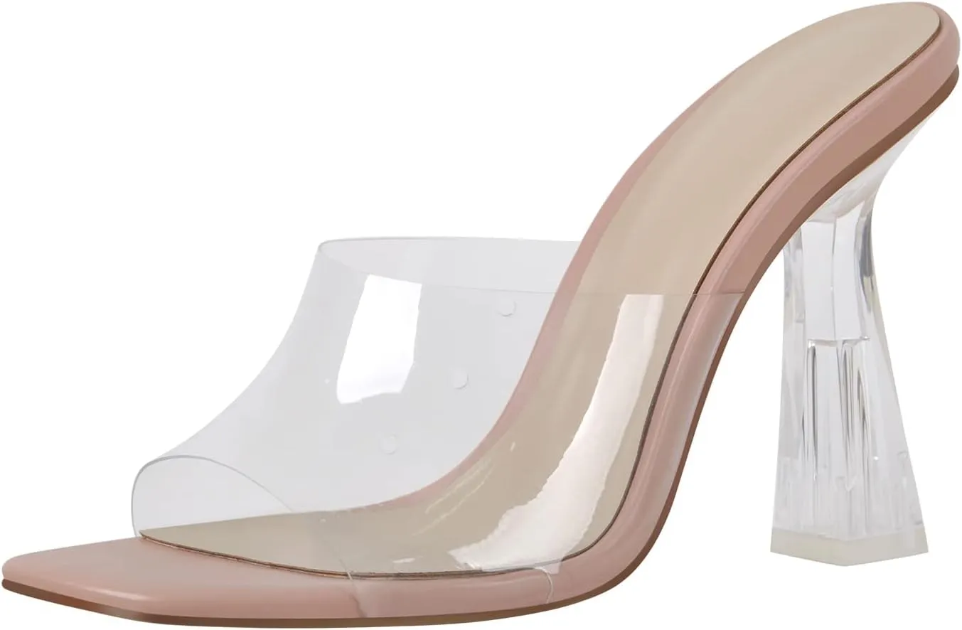 richealnini Clear Heel Sexy Transparent Square Open Toe Slide Mules