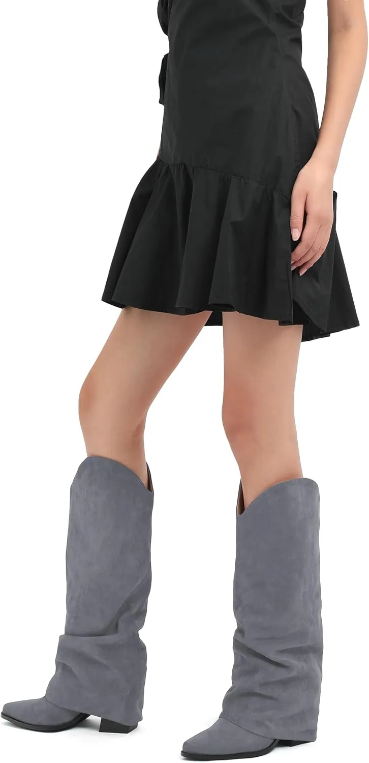 Roserwish Women's Slouchy Knee High Boots - Fold Over Mid Calf, Wide Calf, Pointed Toe, Chunky Heel, Pull-On Fall Winter Dress Shoes