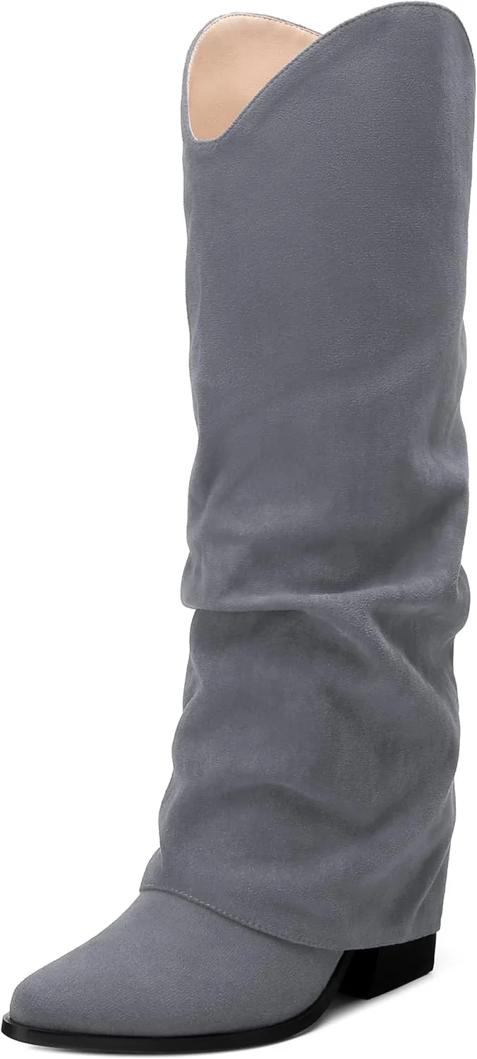Roserwish Women's Slouchy Knee High Boots - Fold Over Mid Calf, Wide Calf, Pointed Toe, Chunky Heel, Pull-On Fall Winter Dress Shoes