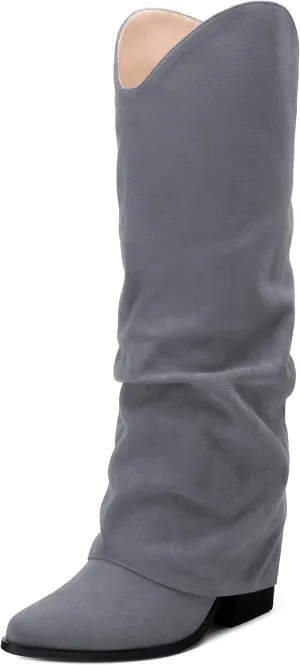 Roserwish Women's Slouchy Knee High Boots - Fold Over Mid Calf, Wide Calf, Pointed Toe, Chunky Heel, Pull-On Fall Winter Dress Shoes