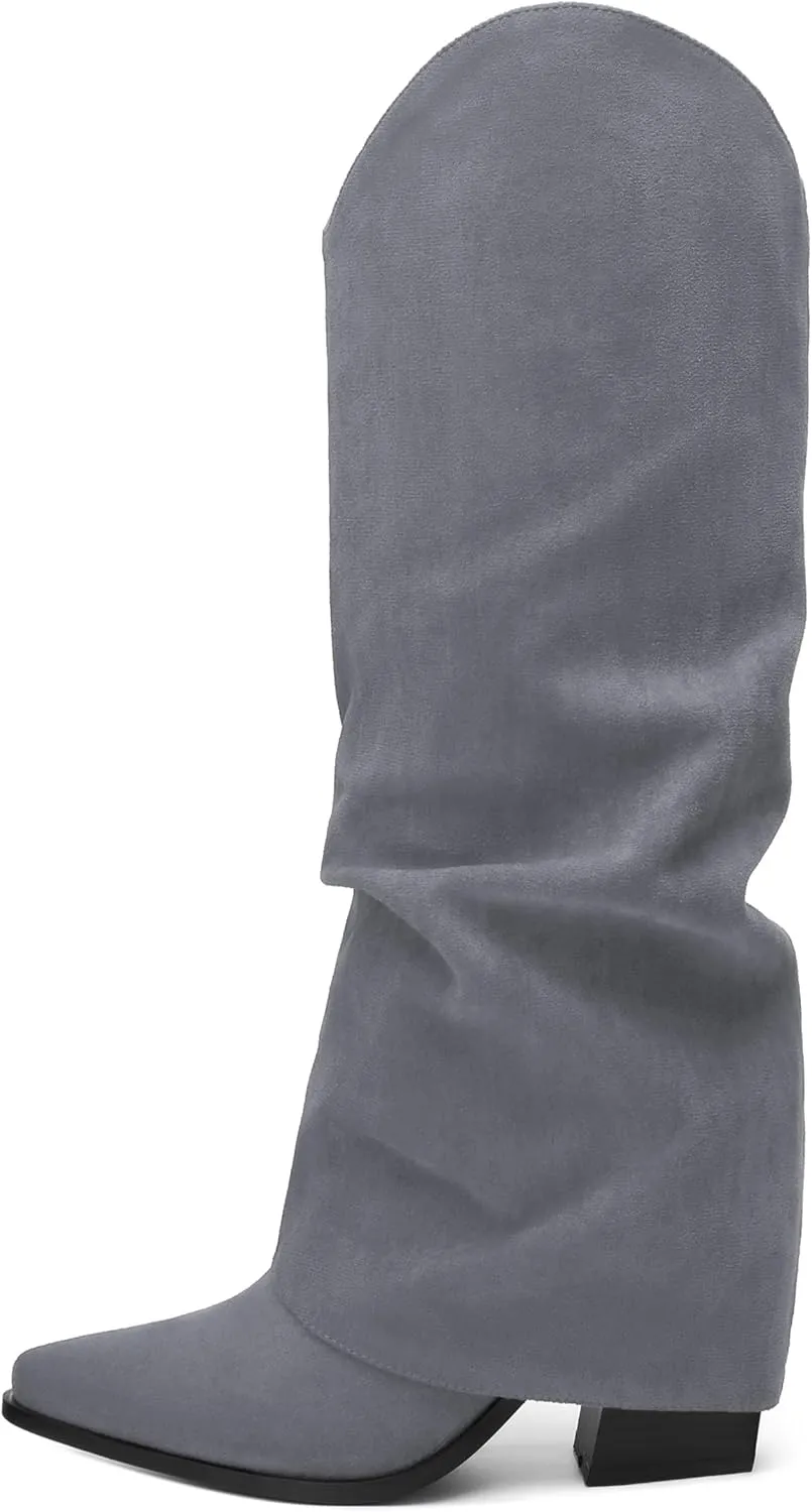 Roserwish Women's Slouchy Knee High Boots - Fold Over Mid Calf, Wide Calf, Pointed Toe, Chunky Heel, Pull-On Fall Winter Dress Shoes