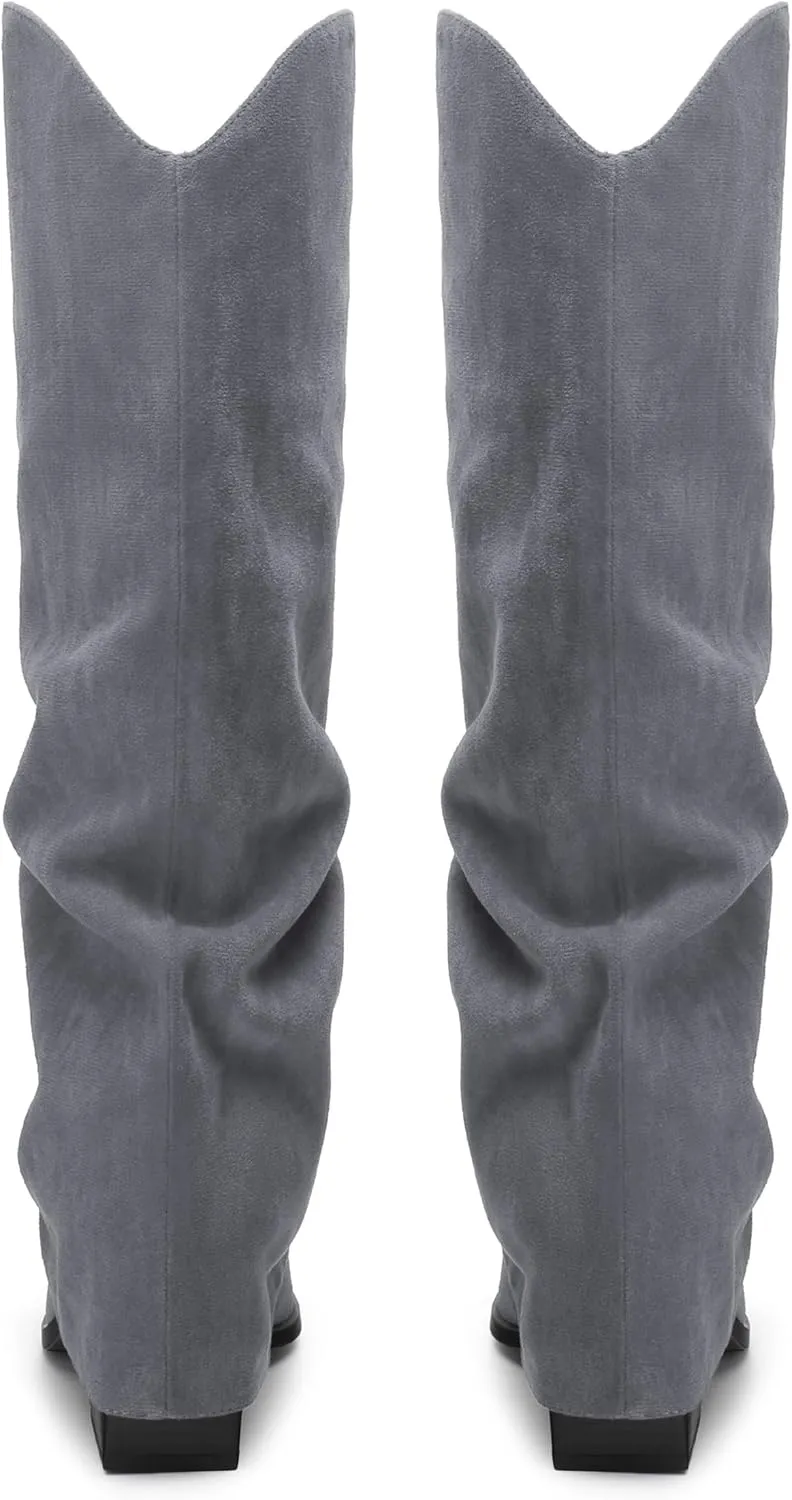 Roserwish Women's Slouchy Knee High Boots - Fold Over Mid Calf, Wide Calf, Pointed Toe, Chunky Heel, Pull-On Fall Winter Dress Shoes