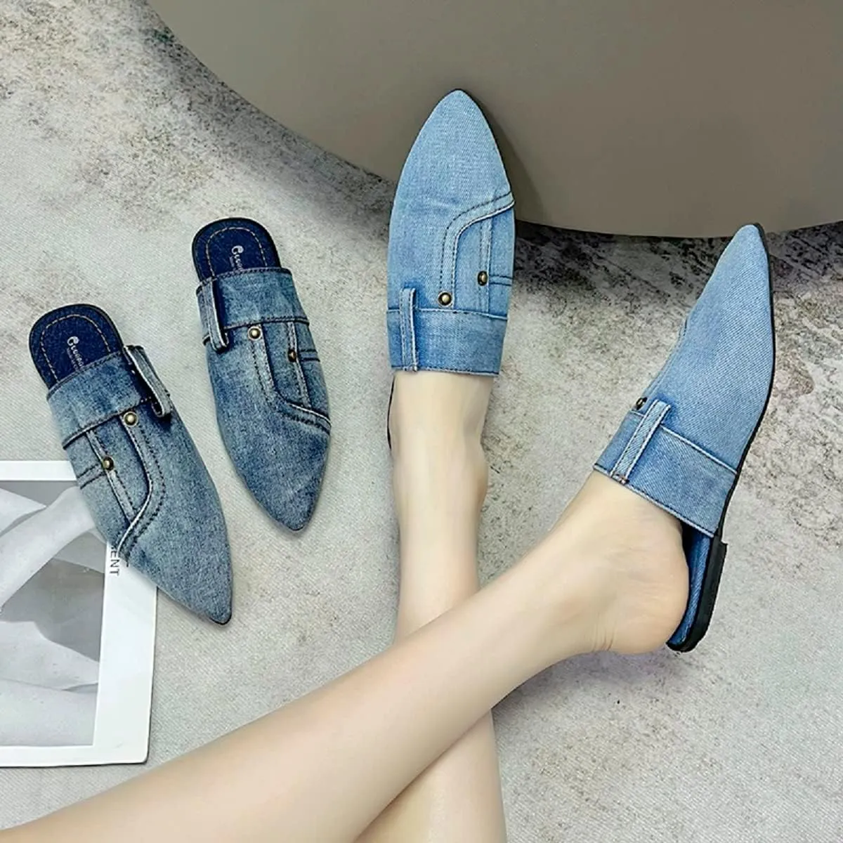 SAFECAMS Women's Flat Mules Closed Pointed Toe Backless Slip-On Loafers Ladies Denim Baotou Clogs Half Slides Cap-Toe Solid Color Leopard Sandal