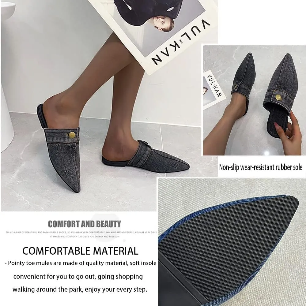 SAFECAMS Women's Flat Mules Closed Pointed Toe Backless Slip-On Loafers Ladies Denim Baotou Clogs Half Slides Cap-Toe Solid Color Leopard Sandal
