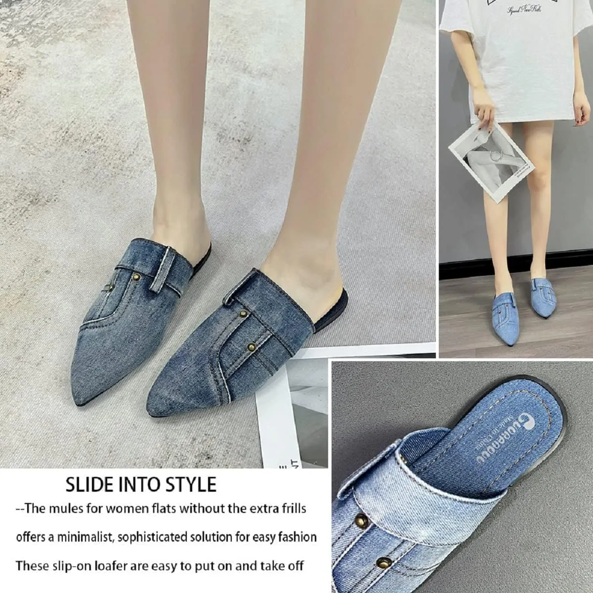 SAFECAMS Women's Flat Mules Closed Pointed Toe Backless Slip-On Loafers Ladies Denim Baotou Clogs Half Slides Cap-Toe Solid Color Leopard Sandal