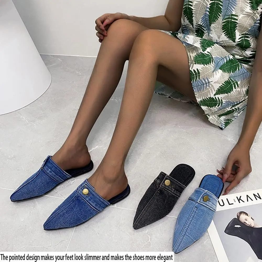 SAFECAMS Women's Flat Mules Closed Pointed Toe Backless Slip-On Loafers Ladies Denim Baotou Clogs Half Slides Cap-Toe Solid Color Leopard Sandal