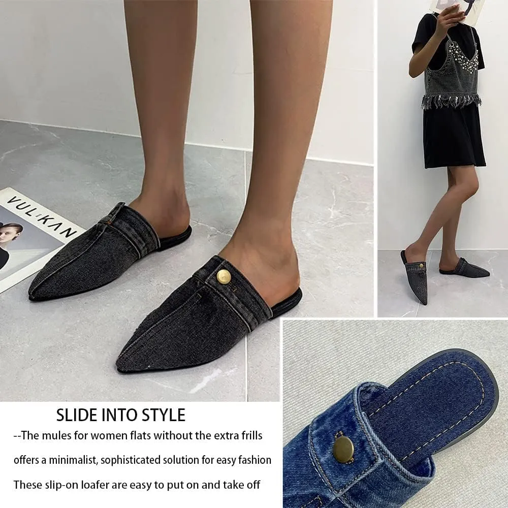 SAFECAMS Women's Flat Mules Closed Pointed Toe Backless Slip-On Loafers Ladies Denim Baotou Clogs Half Slides Cap-Toe Solid Color Leopard Sandal