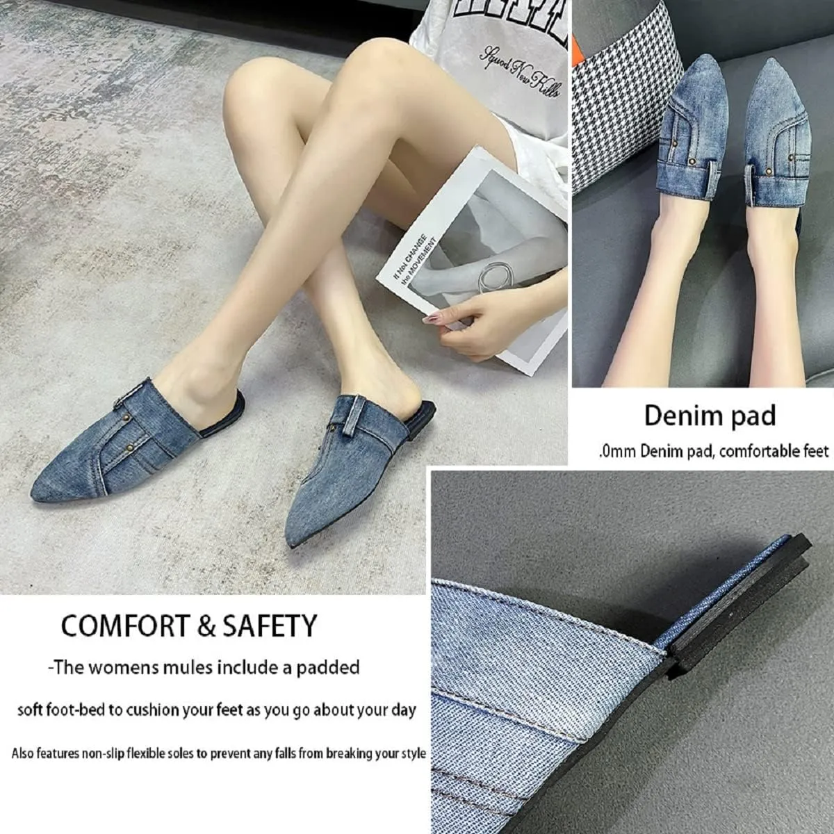 SAFECAMS Women's Flat Mules Closed Pointed Toe Backless Slip-On Loafers Ladies Denim Baotou Clogs Half Slides Cap-Toe Solid Color Leopard Sandal