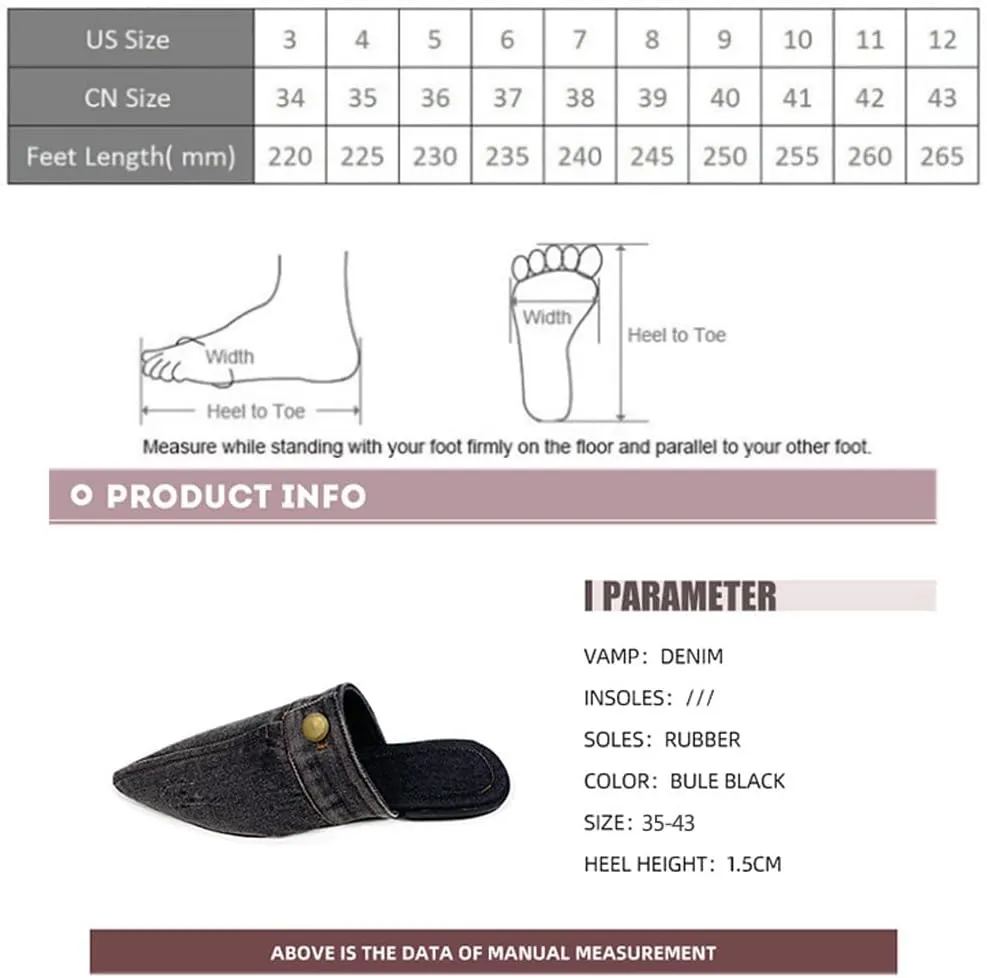 SAFECAMS Women's Flat Mules Closed Pointed Toe Backless Slip-On Loafers Ladies Denim Baotou Clogs Half Slides Cap-Toe Solid Color Leopard Sandal