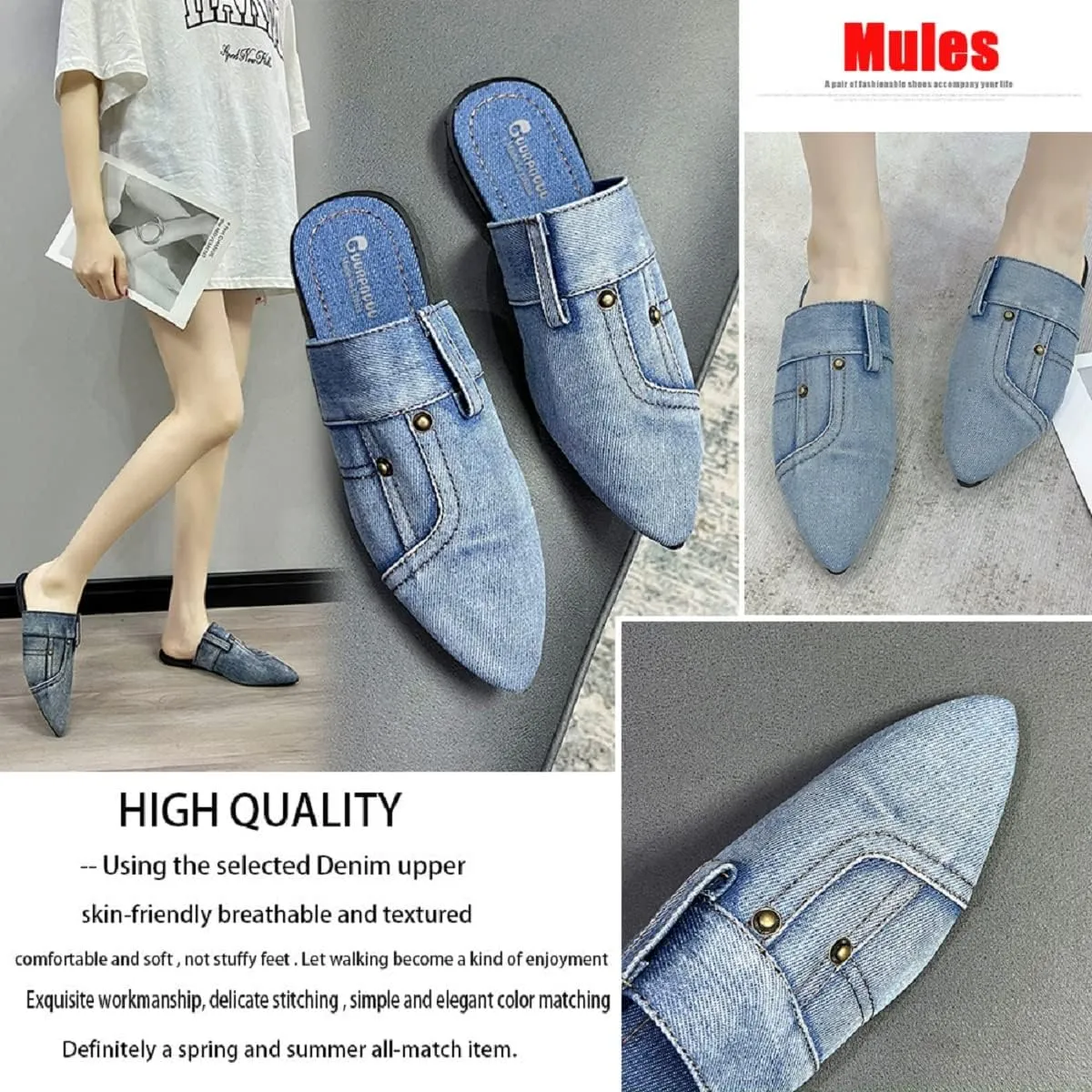 SAFECAMS Women's Flat Mules Closed Pointed Toe Backless Slip-On Loafers Ladies Denim Baotou Clogs Half Slides Cap-Toe Solid Color Leopard Sandal