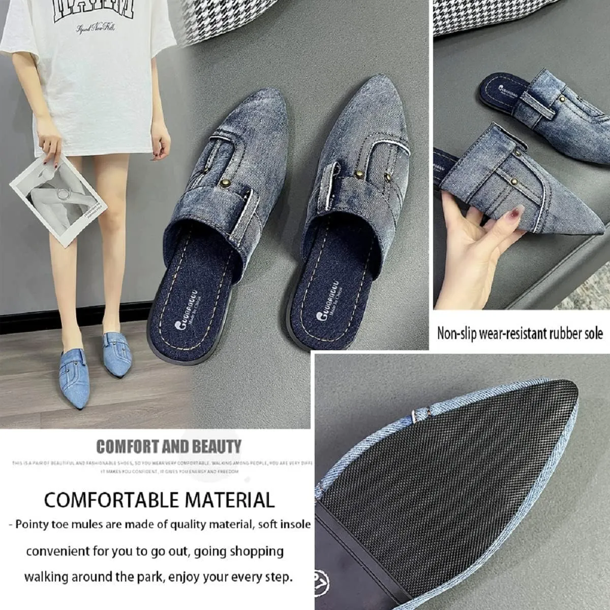 SAFECAMS Women's Flat Mules Closed Pointed Toe Backless Slip-On Loafers Ladies Denim Baotou Clogs Half Slides Cap-Toe Solid Color Leopard Sandal