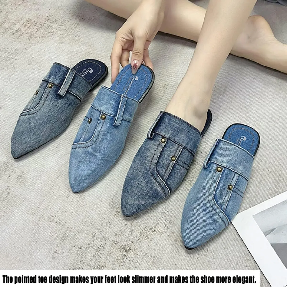 SAFECAMS Women's Flat Mules Closed Pointed Toe Backless Slip-On Loafers Ladies Denim Baotou Clogs Half Slides Cap-Toe Solid Color Leopard Sandal