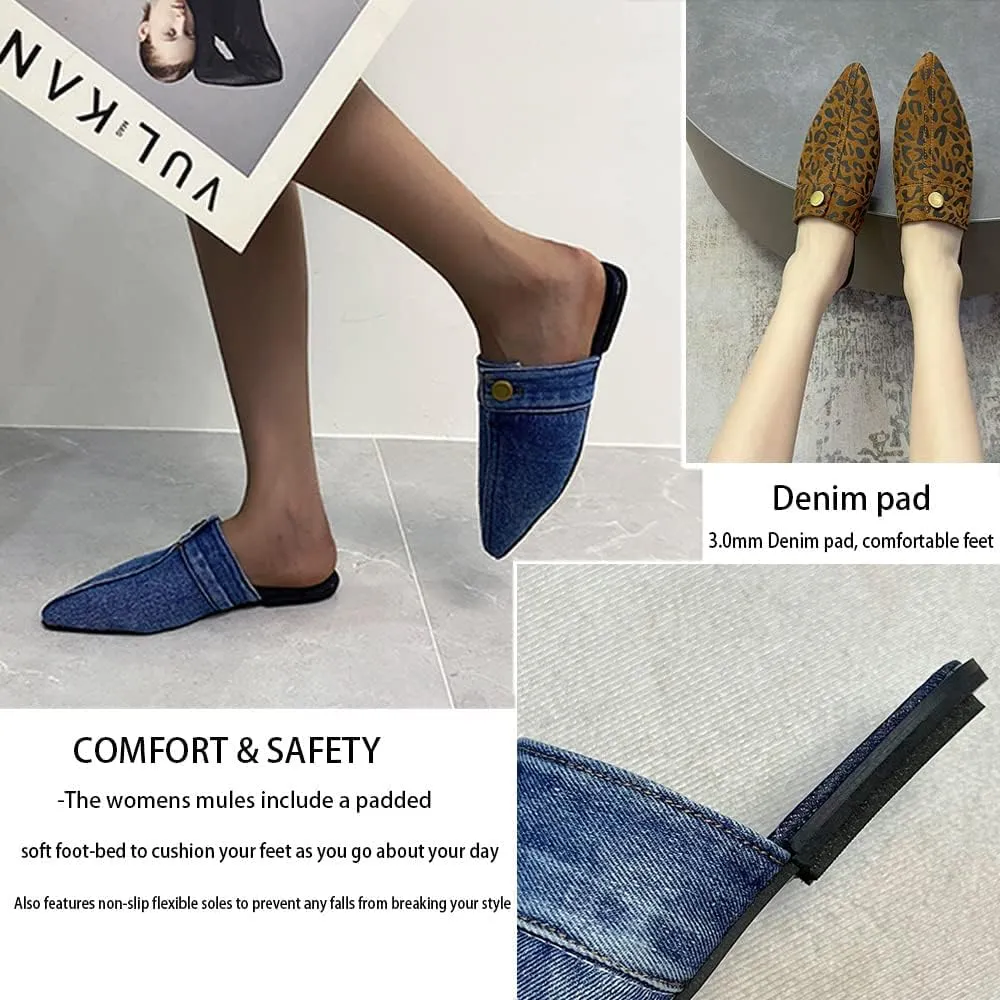 SAFECAMS Women's Flat Mules Closed Pointed Toe Backless Slip-On Loafers Ladies Denim Baotou Clogs Half Slides Cap-Toe Solid Color Leopard Sandal