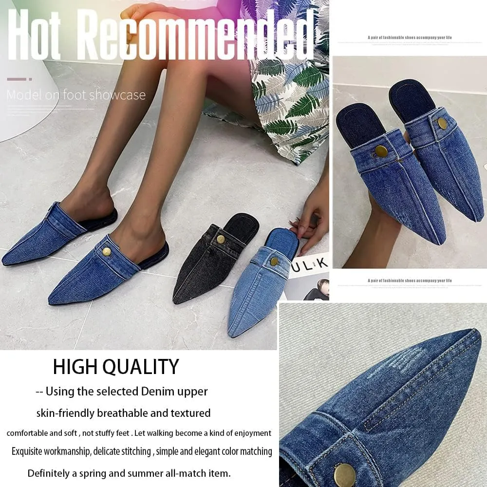 SAFECAMS Women's Flat Mules Closed Pointed Toe Backless Slip-On Loafers Ladies Denim Baotou Clogs Half Slides Cap-Toe Solid Color Leopard Sandal