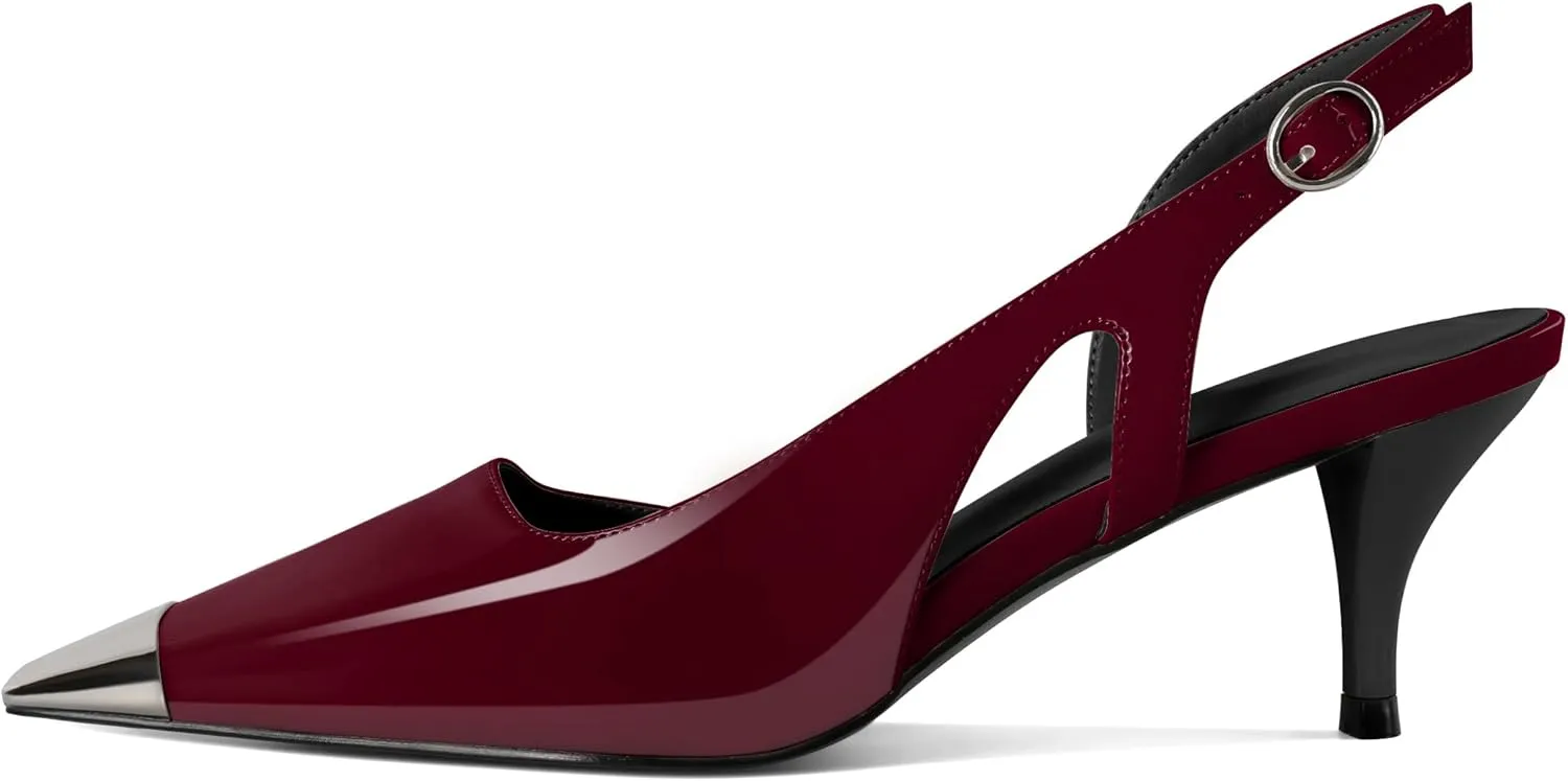 SAMMITOP Kitten Heel Slingback Pumps for Women Silver Cap Toe Low Heel Square Toe Heels Ankle Strap D’Orsay Pump Shoes Office Party Prom 2.4 in