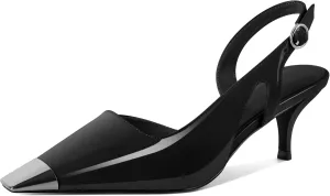 SAMMITOP Kitten Heel Slingback Pumps for Women Silver Cap Toe Low Heel Square Toe Heels Ankle Strap D’Orsay Pump Shoes Office Party Prom 2.4 in