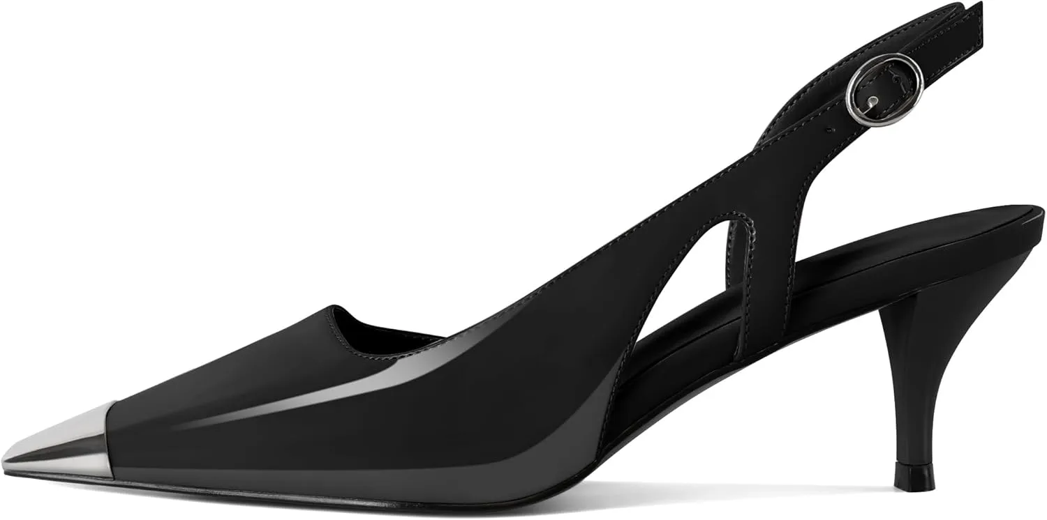 SAMMITOP Kitten Heel Slingback Pumps for Women Silver Cap Toe Low Heel Square Toe Heels Ankle Strap D’Orsay Pump Shoes Office Party Prom 2.4 in