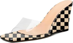 SAMMITOP Womens Clear Heels Sandals Square Open Toe Wedge Heel Sandals Slip On Heeled Mules Summer Dress Slipper Shoes 3.5 Inch