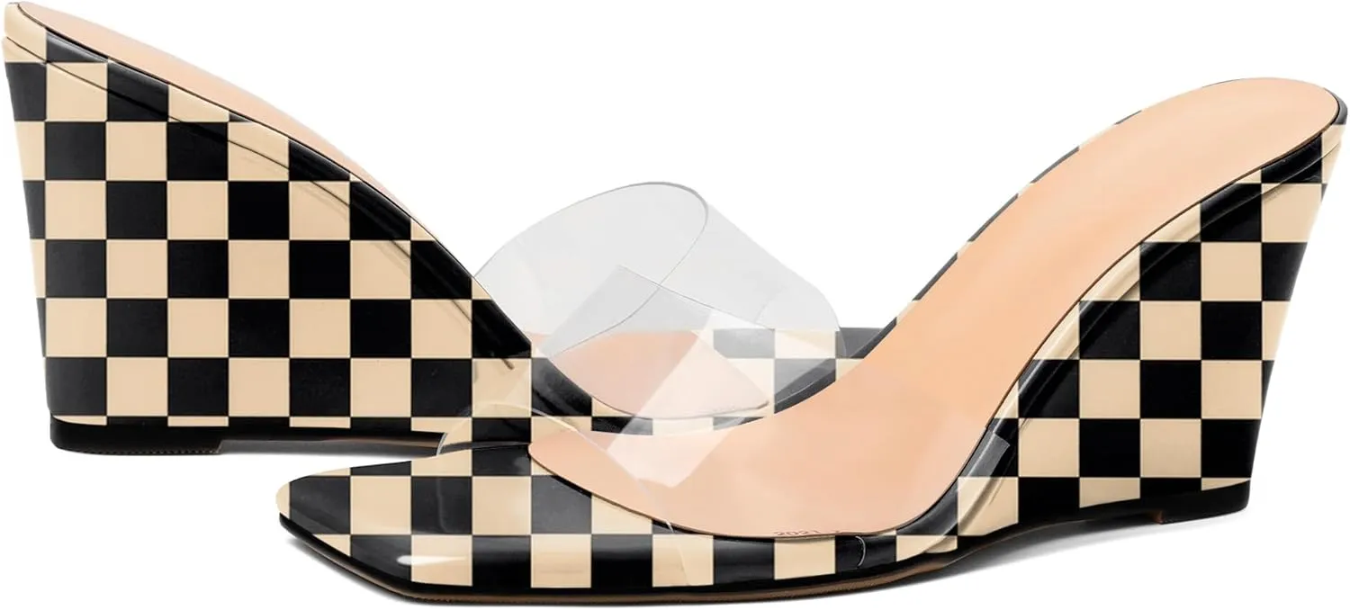 SAMMITOP Womens Clear Heels Sandals Square Open Toe Wedge Heel Sandals Slip On Heeled Mules Summer Dress Slipper Shoes 3.5 Inch