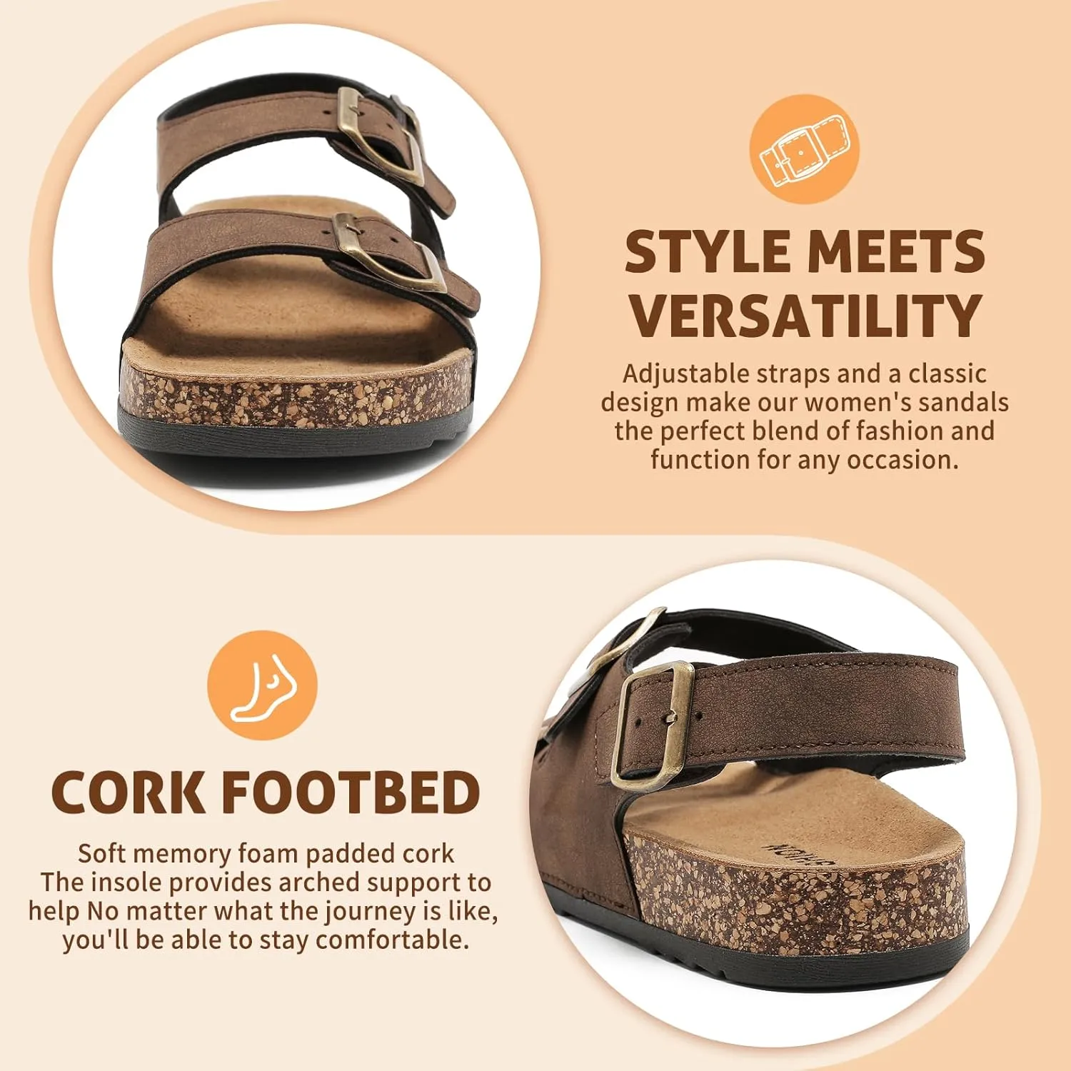 Sandals For Women With Soft Cork Footbed, Mens Slip On Clog Mules With Adjustable Double Buckle, Open Toe Flat Slide Shoes, Summer Outdoor Back Strap Slipper