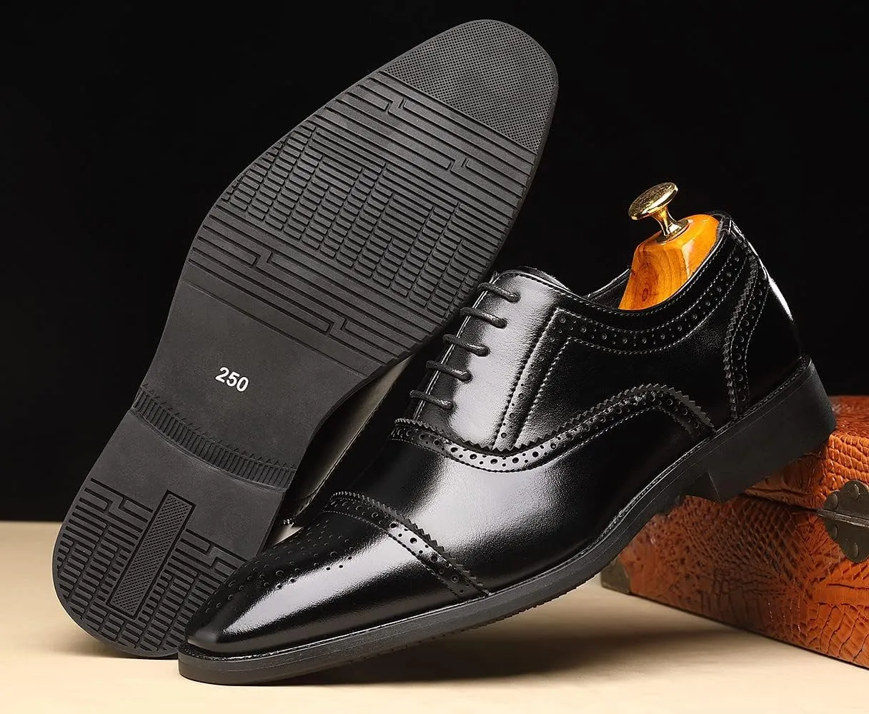 Santimon Men's Casual Dress Shoes Cap Oxfords Faux Leather Tuxedo Dress Shoes Classic Lace-up Formal Derby Loafers