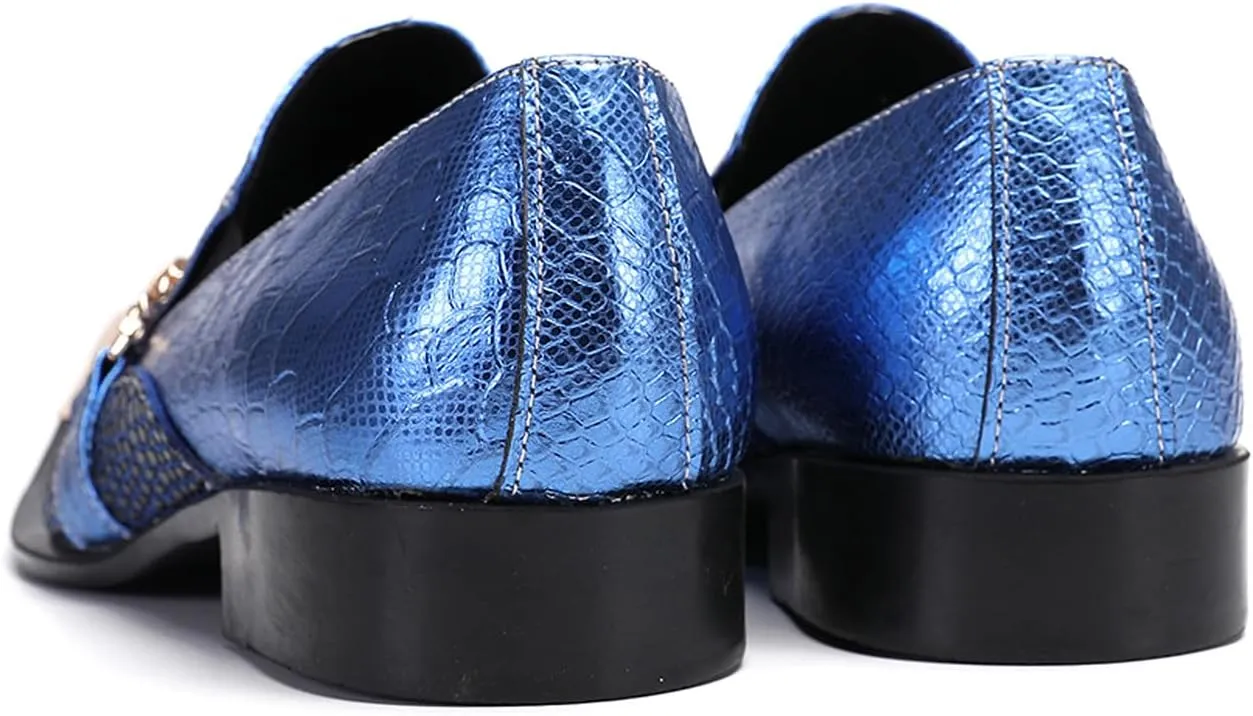 Santimon Men's Dress Loafers, Leather Slip-On Gold Chain Sparkling Shoes for Men -Party Disco Wedding Metallic Tip Smoking Slippers