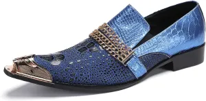 Santimon Men's Dress Loafers, Leather Slip-On Gold Chain Sparkling Shoes for Men -Party Disco Wedding Metallic Tip Smoking Slippers