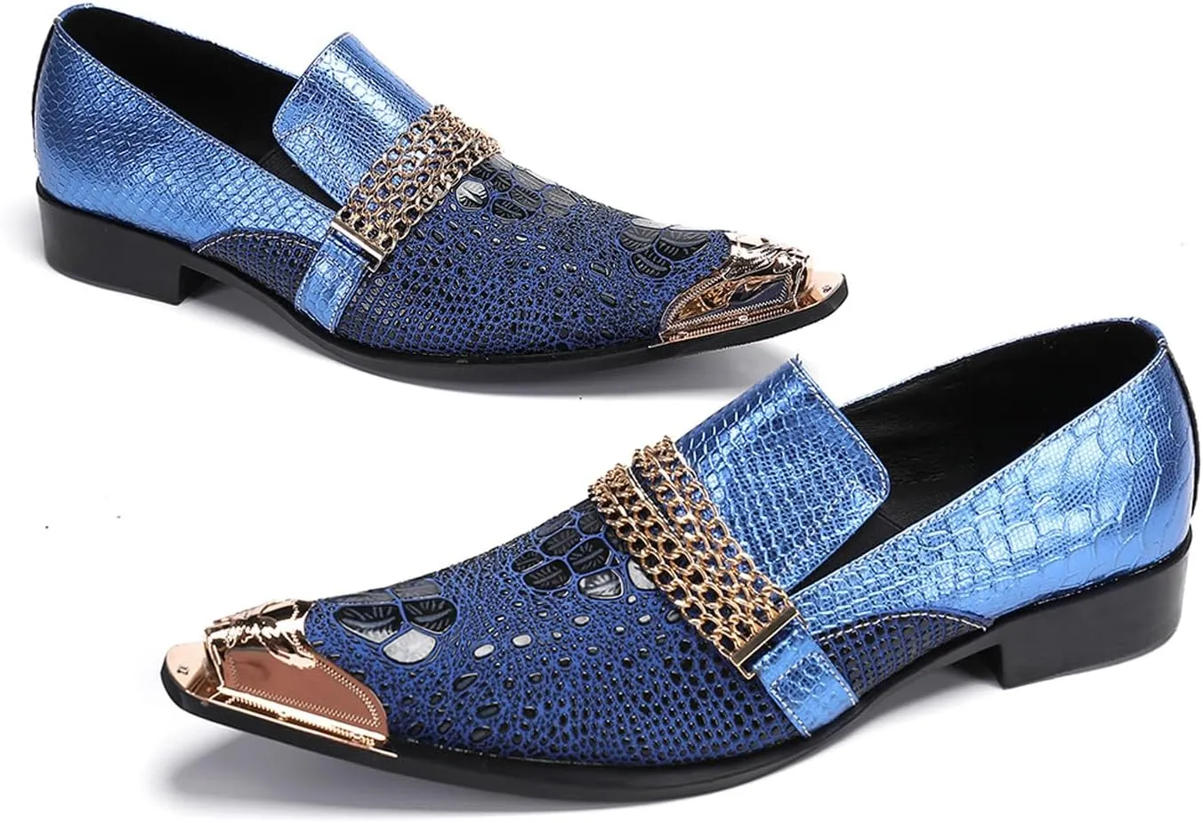 Santimon Men's Dress Loafers, Leather Slip-On Gold Chain Sparkling Shoes for Men -Party Disco Wedding Metallic Tip Smoking Slippers
