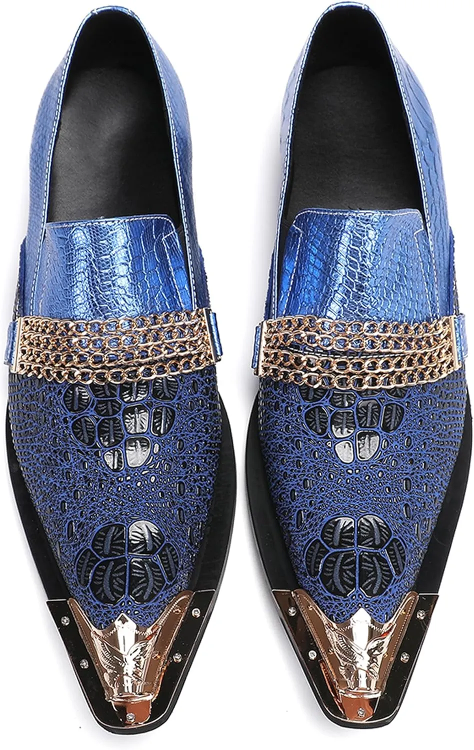Santimon Men's Dress Loafers, Leather Slip-On Gold Chain Sparkling Shoes for Men -Party Disco Wedding Metallic Tip Smoking Slippers