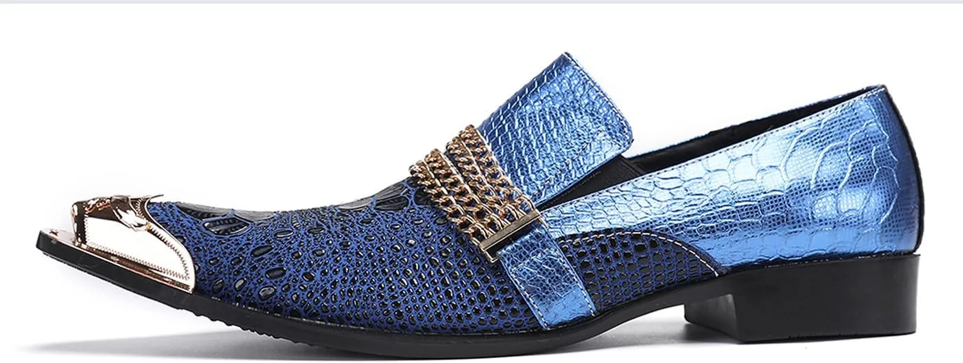 Santimon Men's Dress Loafers, Leather Slip-On Gold Chain Sparkling Shoes for Men -Party Disco Wedding Metallic Tip Smoking Slippers
