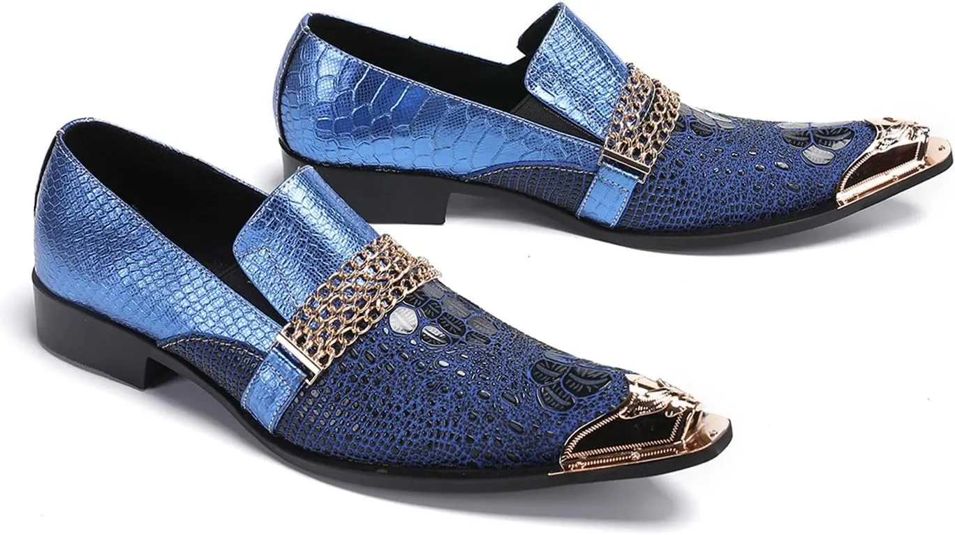 Santimon Men's Dress Loafers, Leather Slip-On Gold Chain Sparkling Shoes for Men -Party Disco Wedding Metallic Tip Smoking Slippers