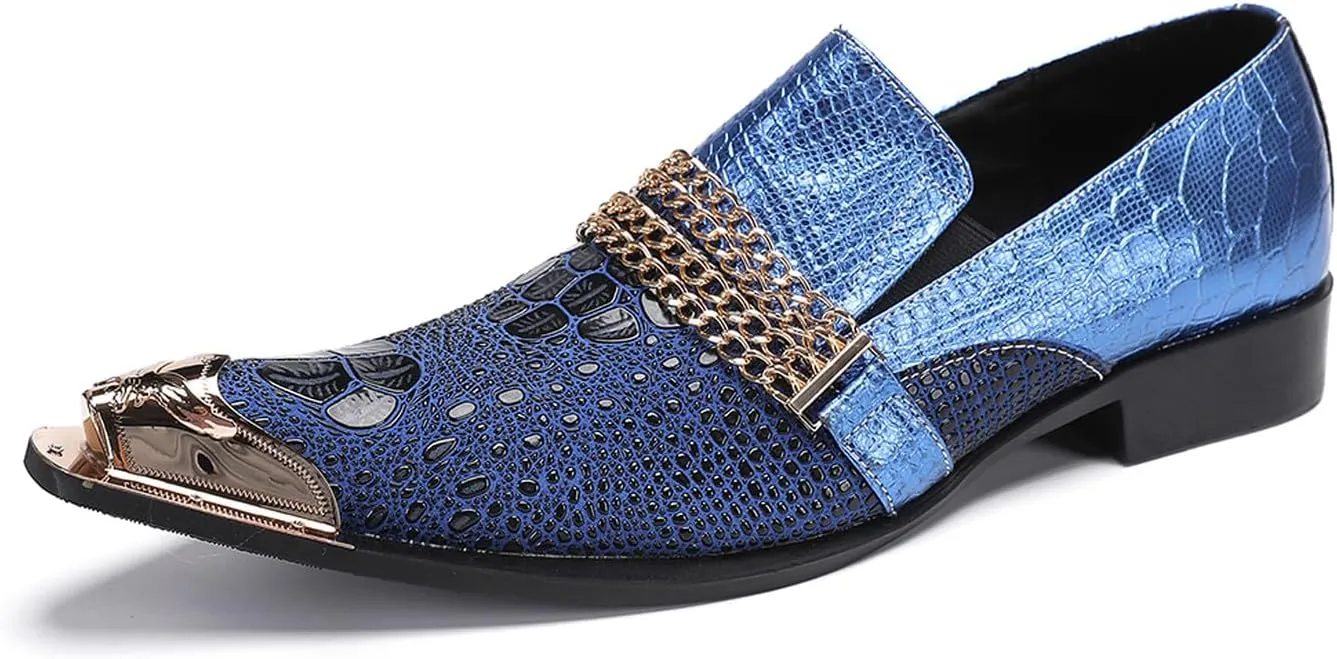 Santimon Men's Dress Loafers, Leather Slip-On Gold Chain Sparkling Shoes for Men -Party Disco Wedding Metallic Tip Smoking Slippers