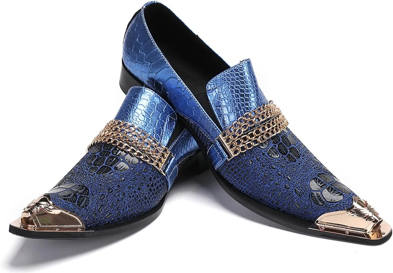 Santimon Men's Dress Loafers, Leather Slip-On Gold Chain Sparkling Shoes for Men -Party Disco Wedding Metallic Tip Smoking Slippers