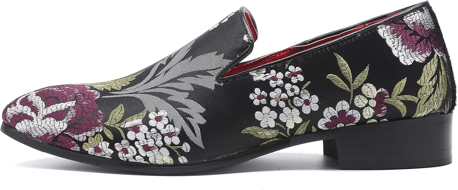 Santimon Mens Dress Shoes Smoking Slippers Casual Bow Slip-on Embroidery Flats Penny-Loafers Black Red