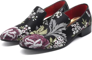 Santimon Mens Dress Shoes Smoking Slippers Casual Bow Slip-on Embroidery Flats Penny-Loafers Black Red