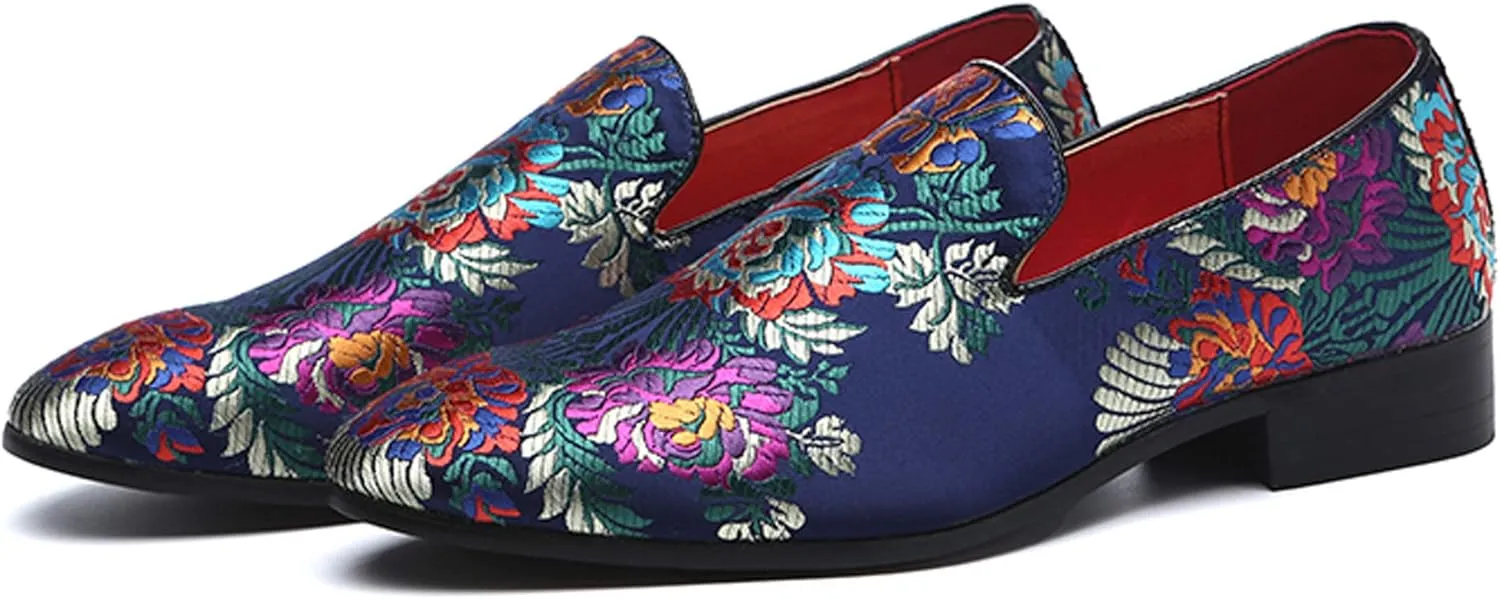 Santimon Mens Dress Shoes Smoking Slippers Casual Bow Slip-on Embroidery Flats Penny-Loafers Black Red