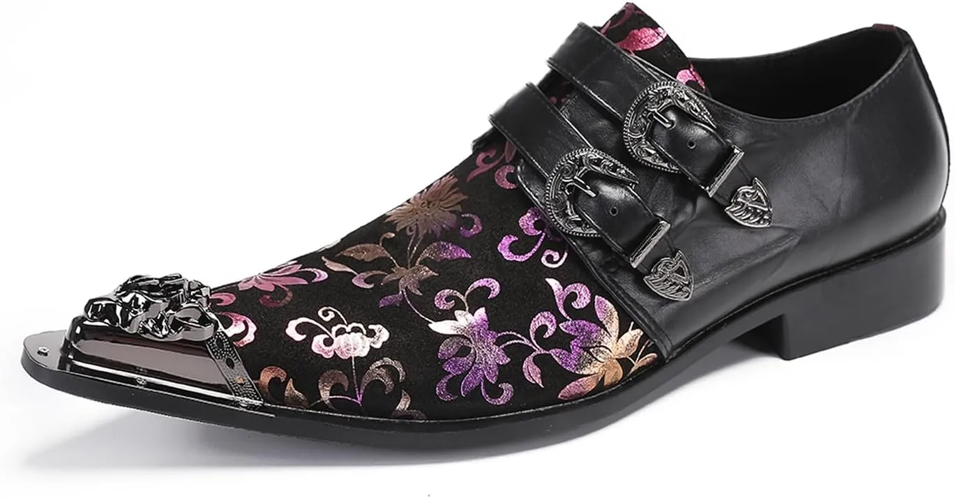 Santimon Men's Metal Tip Toe Loafers-Stylish Mens Dress Slip-Ons for Wedding, Party, Prom-Leather Casual Shoes with Double Buckle and Floral