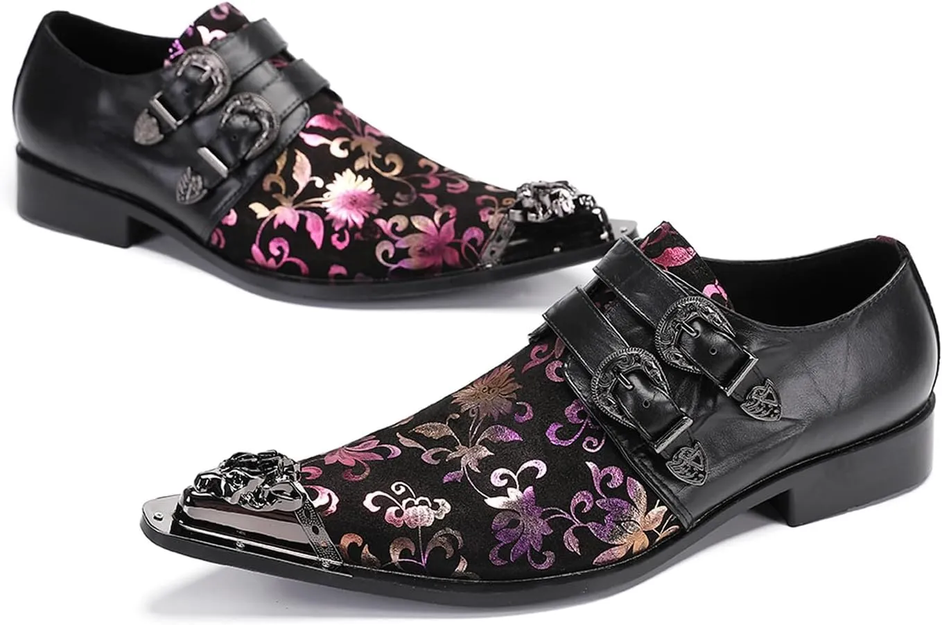 Santimon Men's Metal Tip Toe Loafers-Stylish Mens Dress Slip-Ons for Wedding, Party, Prom-Leather Casual Shoes with Double Buckle and Floral